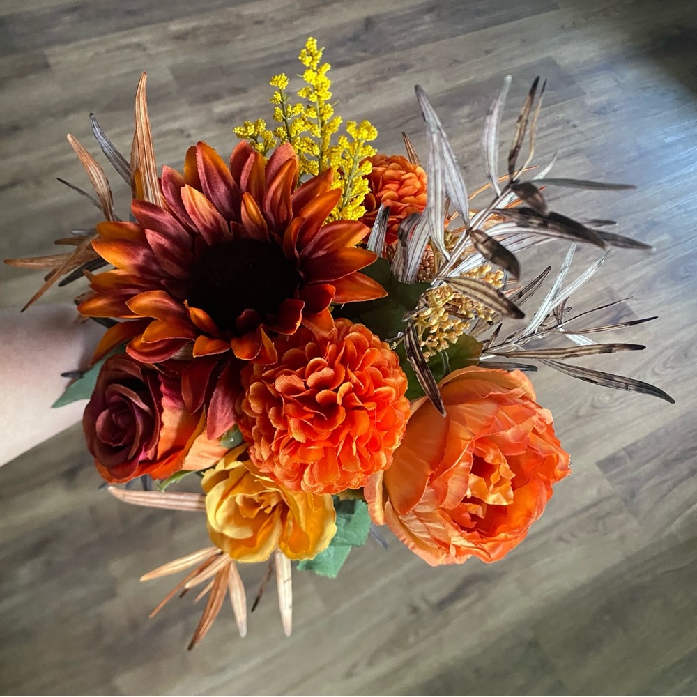Hand-Tied Permanent Floral Bouquet Decor | Sunflower, Marigolds, and Roses